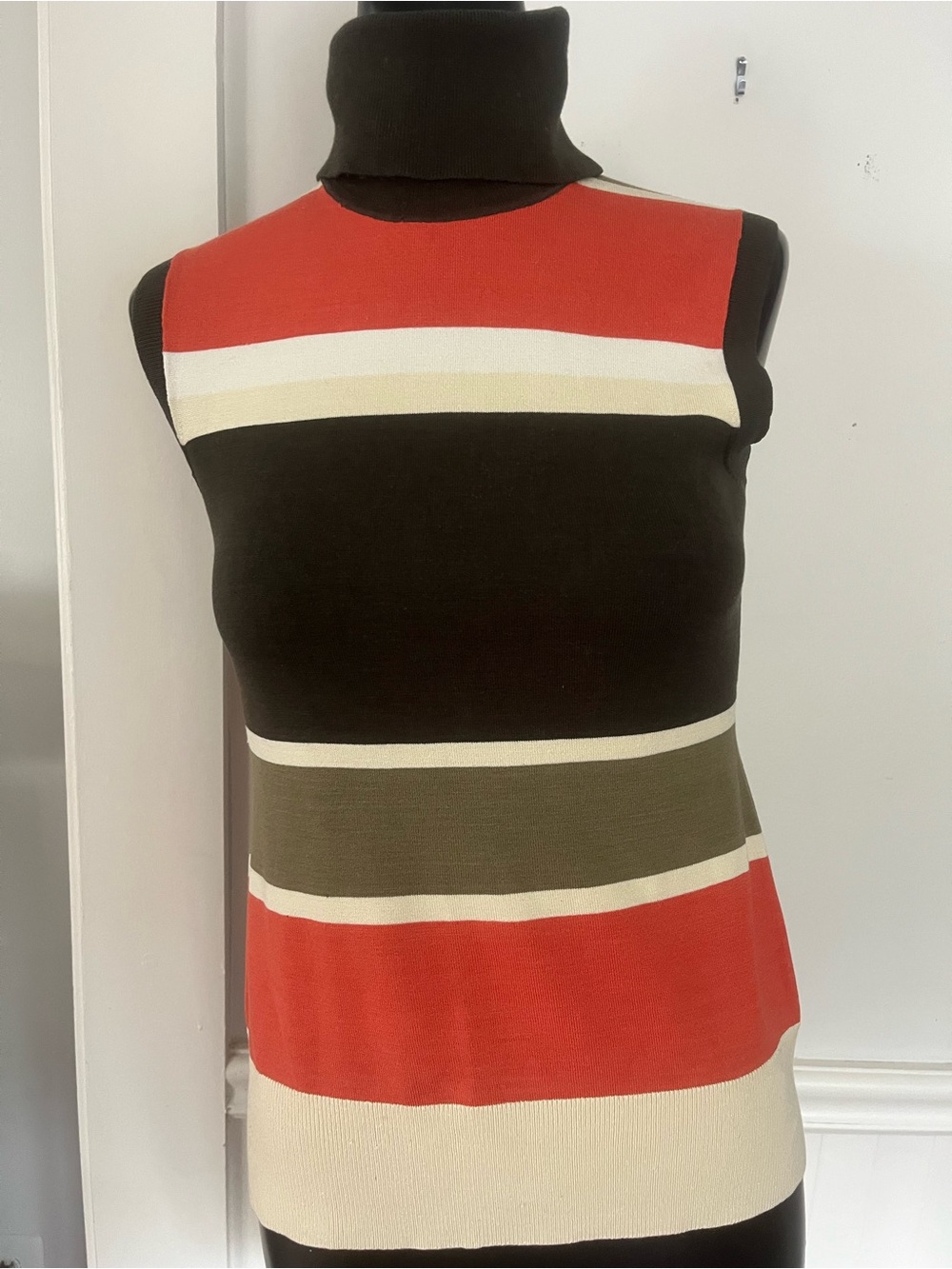 Worth Sleeveless Turtleneck Striped Knit Top in Black, Red & Cream